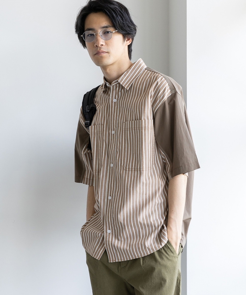直紋素布拼接短袖