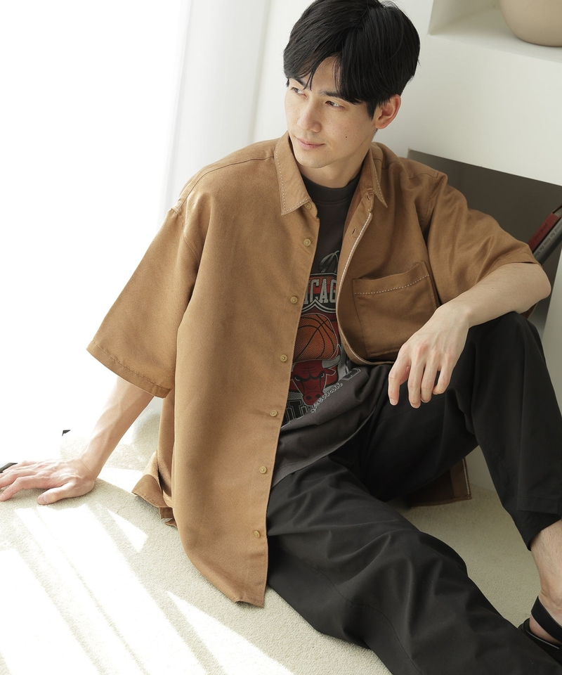 人造絨面革配色縫線襯衫