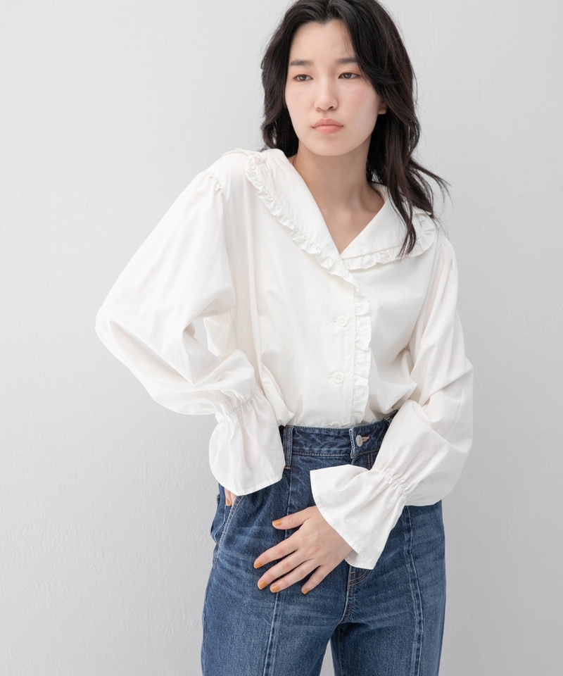 裁縫褶邊彩色長袖襯衫