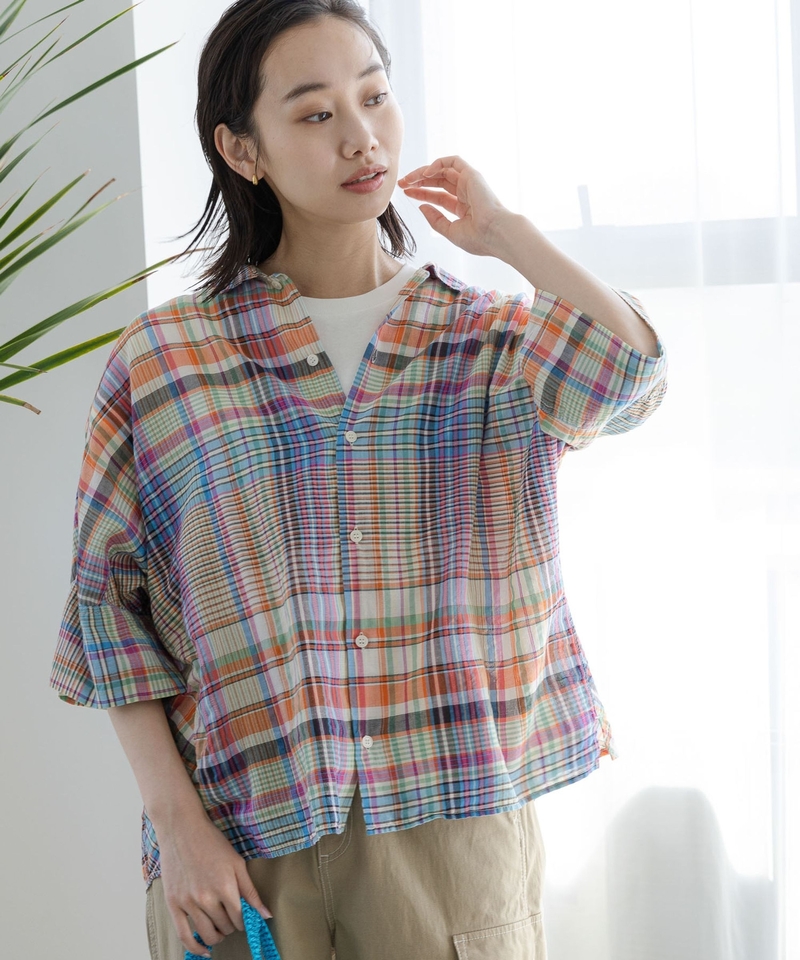 泡泡紗格子蝙蝠袖襯衫