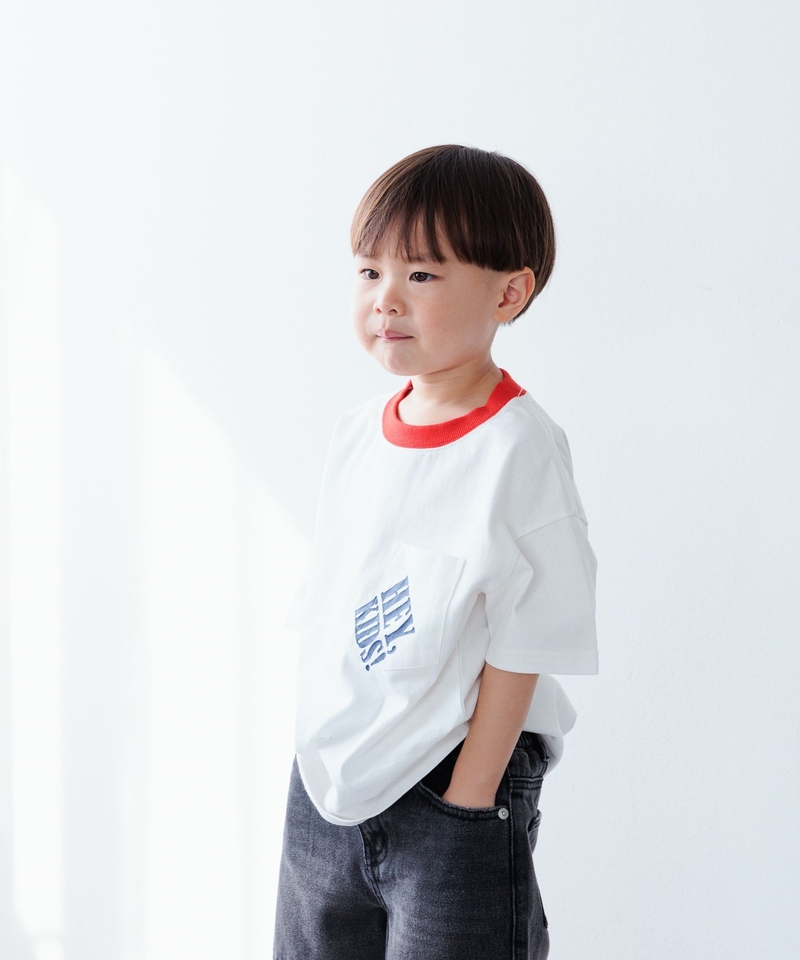 【KIDS】復古拼色邊口袋圖案T恤