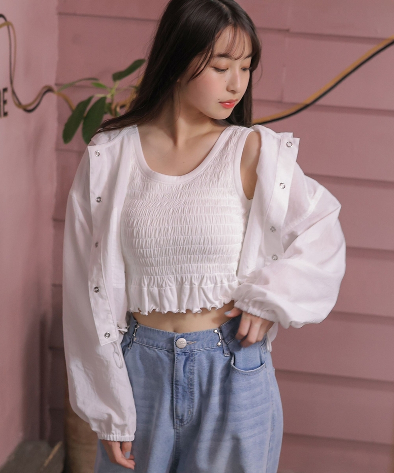 清爽抽褶少女背心附襯墊