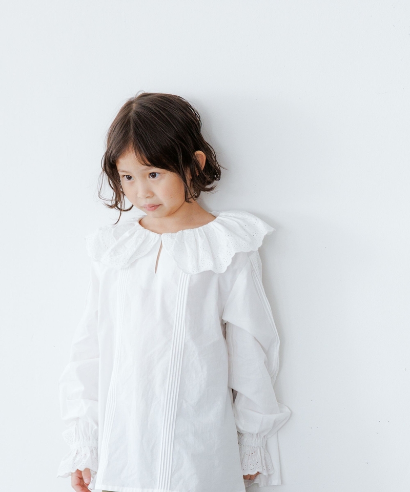 【KIDS】刺繡蕾絲荷葉領襯衫