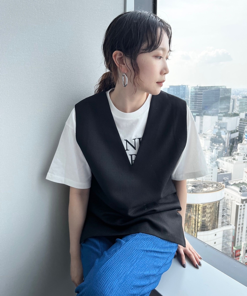 仿亞麻V領背心
