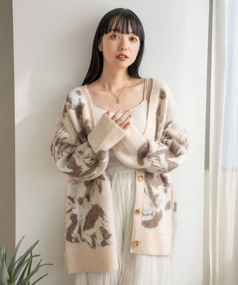 暈染風圖案毛茸開襟針織外套