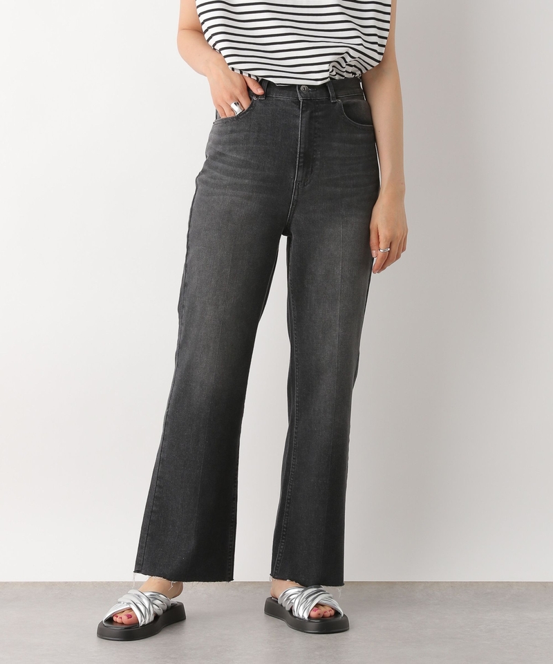 【DENIM系列】下襬抽鬚高腰牛仔直筒長褲