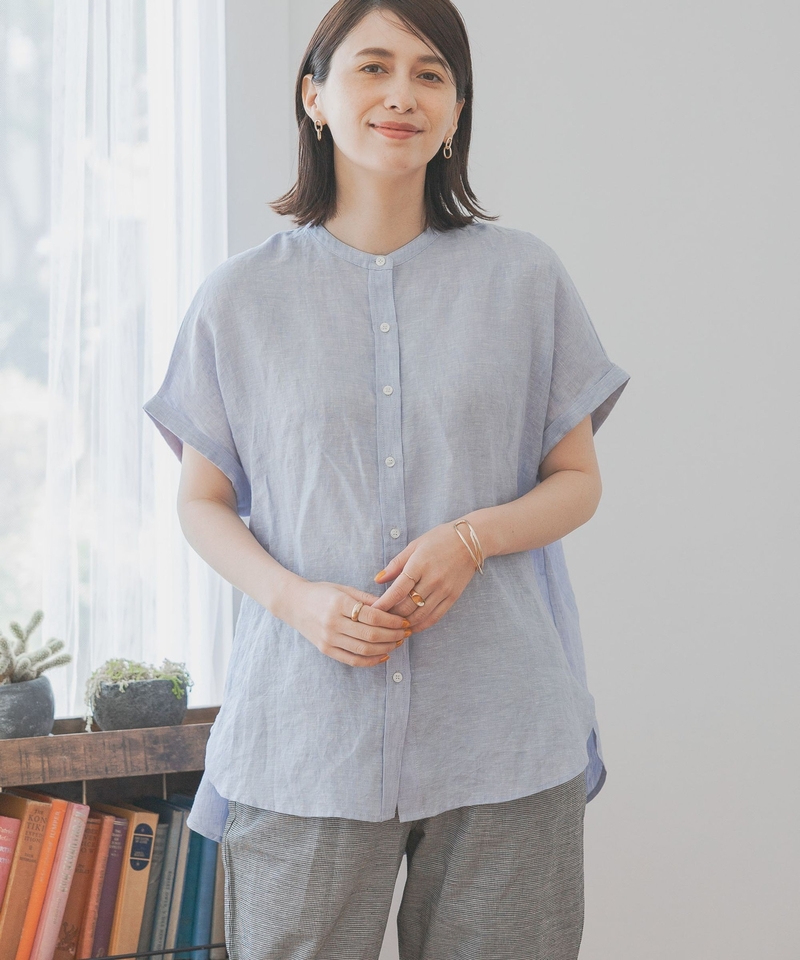 亞麻100立領前短後長襯衫