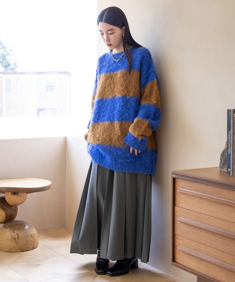 【UNISEX】毛茸粗間條長版針織上衣