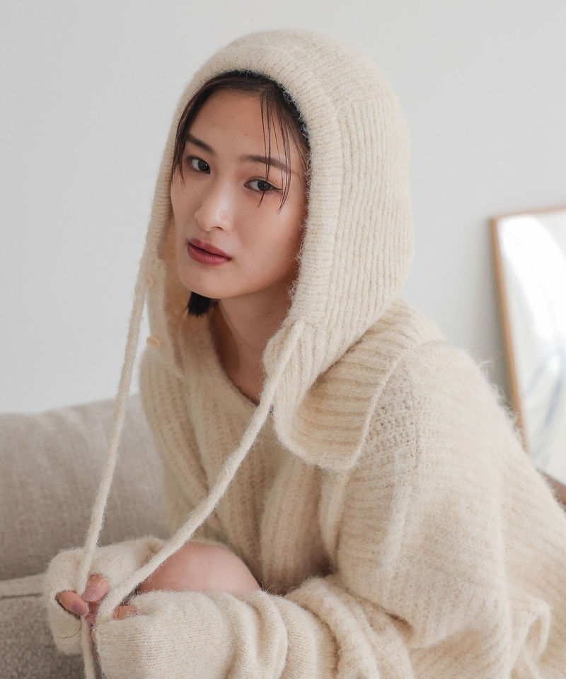 混織綁帶保暖圍巾連帽
