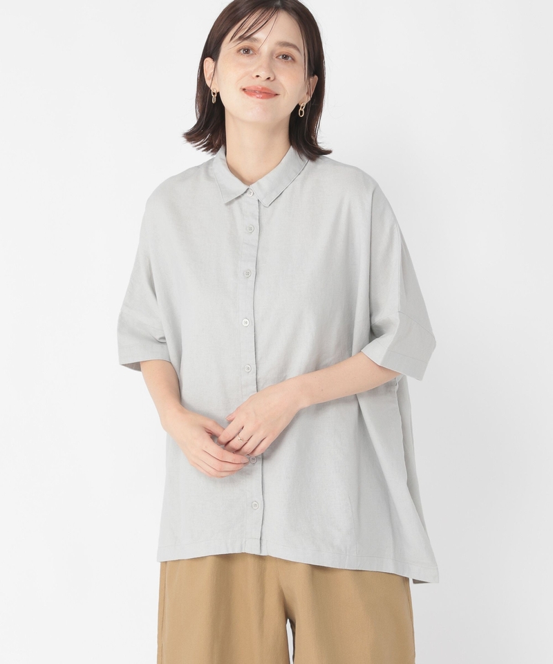 棉亞麻寬鬆半袖襯衫