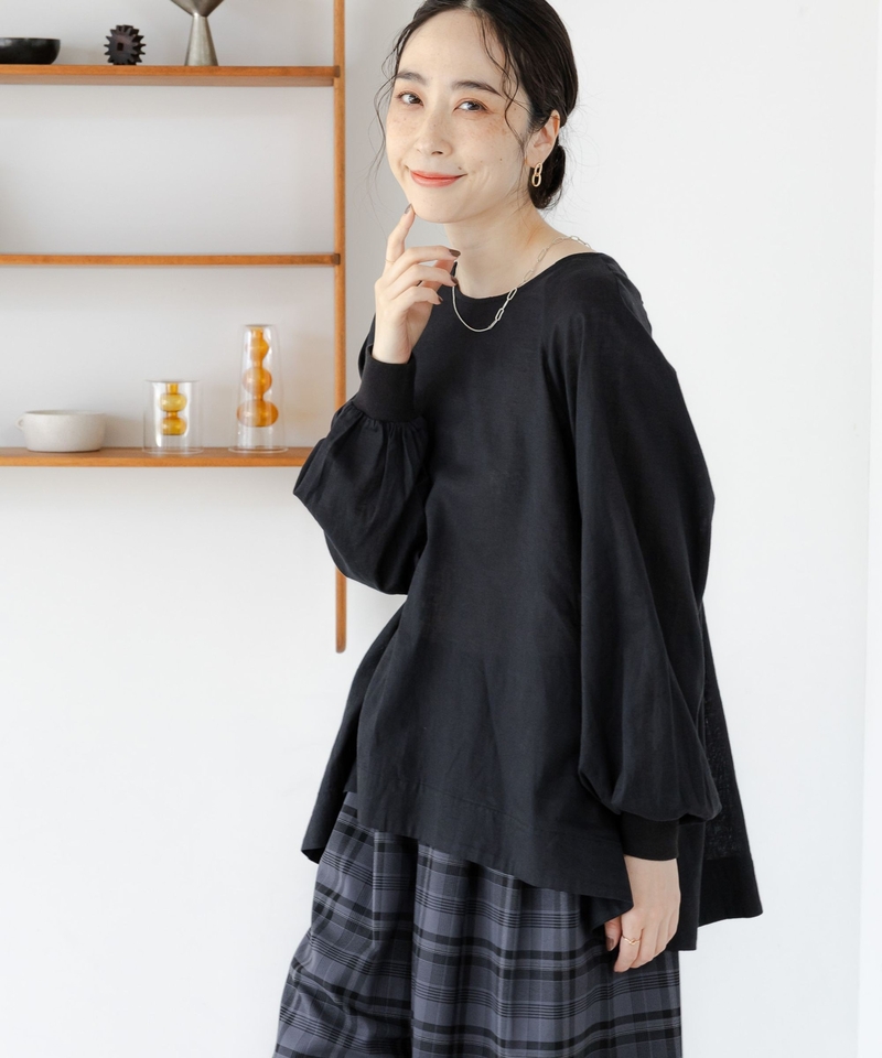 棉亞麻透膚牛角袖襯衫