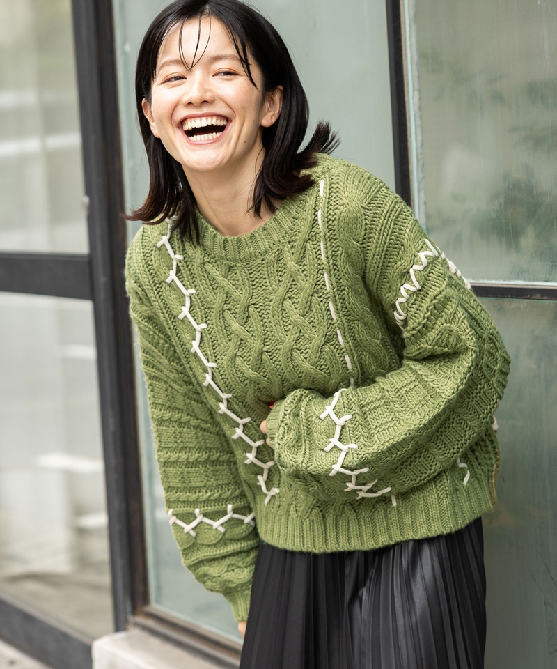 絞花織縫線針織罩衫