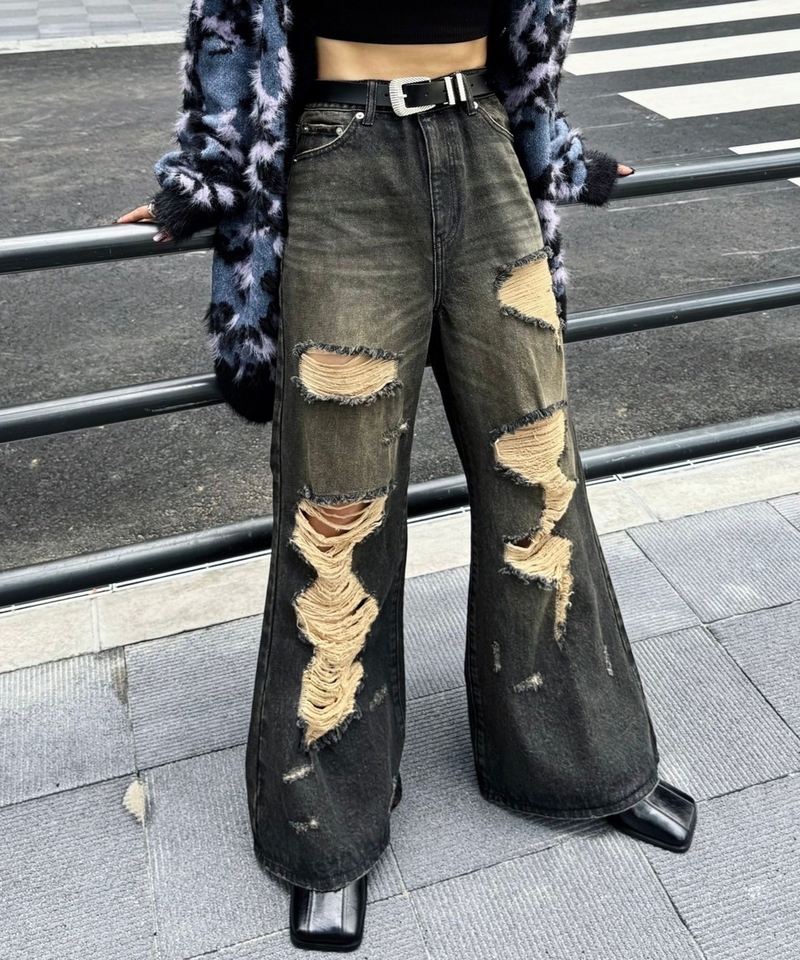 復古刷破喇叭牛仔長褲