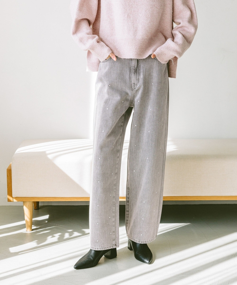 【GOOD DENIM】後腰鬆緊水鑽燙銀牛仔直筒長褲