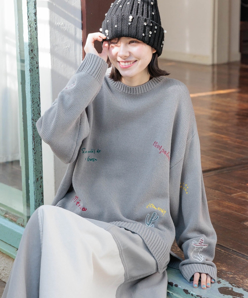 圖案&文字刺繡針織罩衫