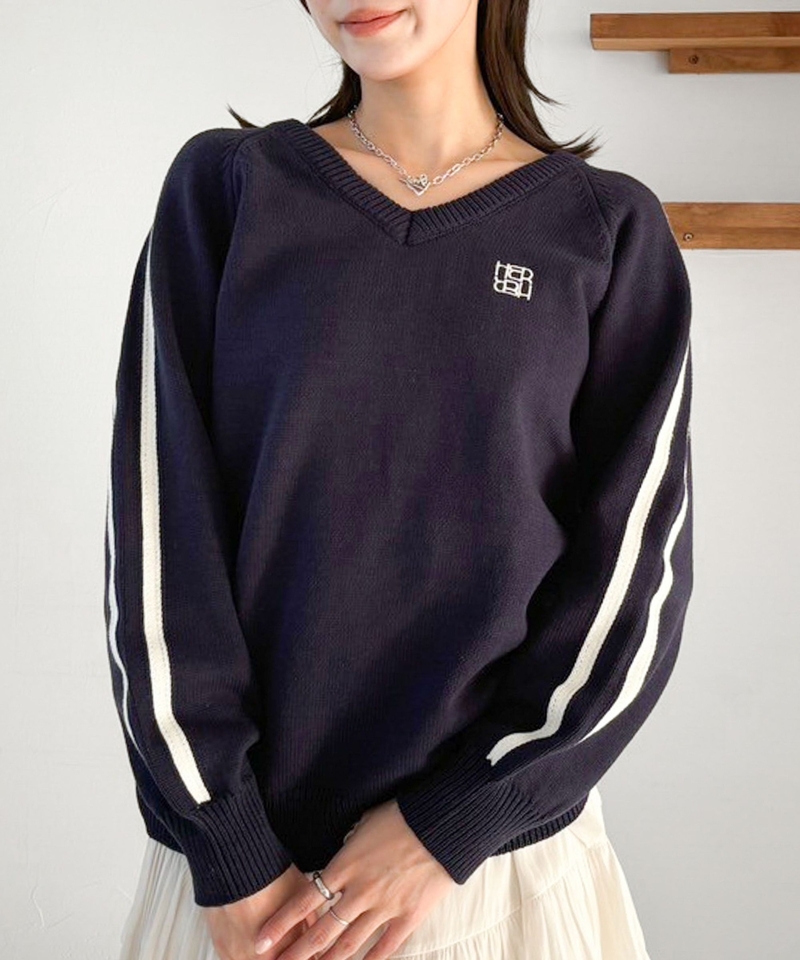 拼色線條袖Logo長版針織上衣