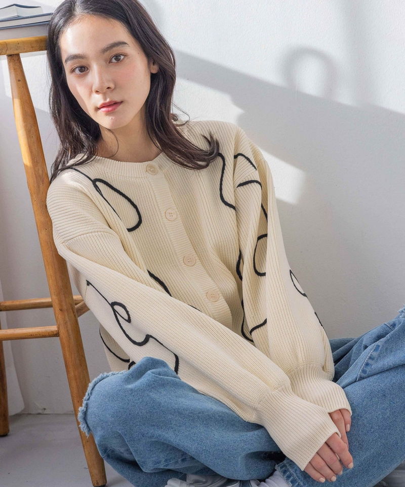 前後兩穿刺繡幾何線條開襟針織外套