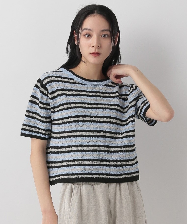 ▲網店限定價▲拼色橫間鏤空暗花短袖針織上衣
