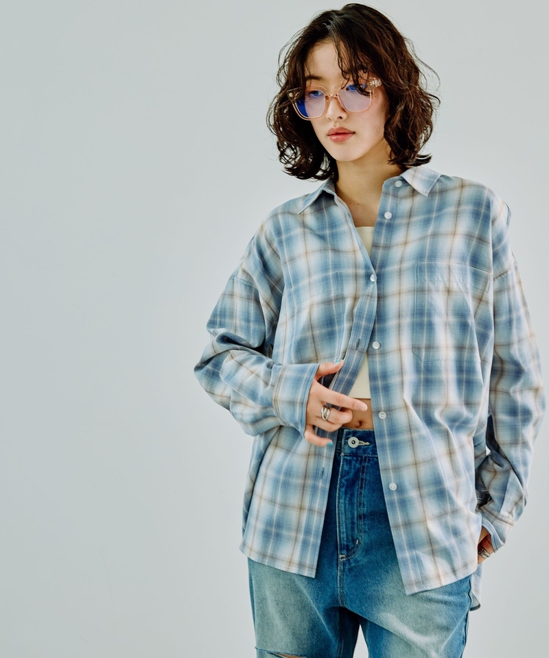 寬鬆復古感格紋長袖襯衫
