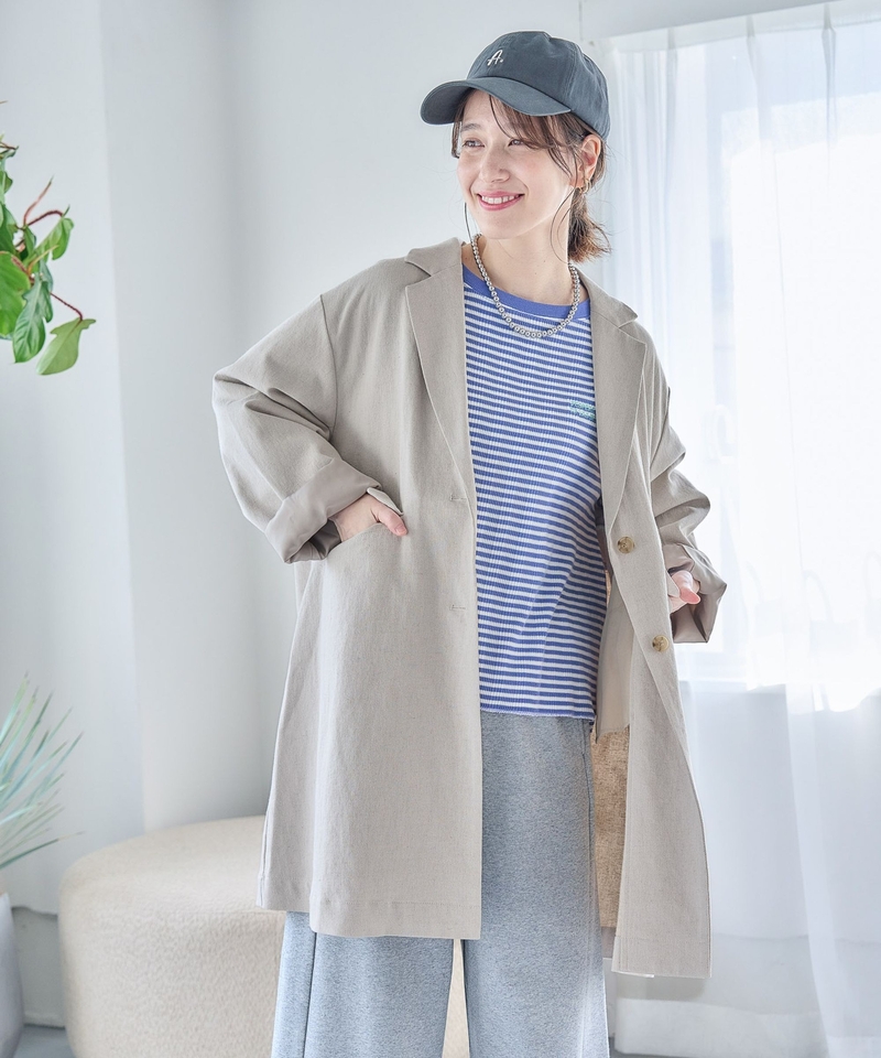 棉亞麻斜紋標準長外套