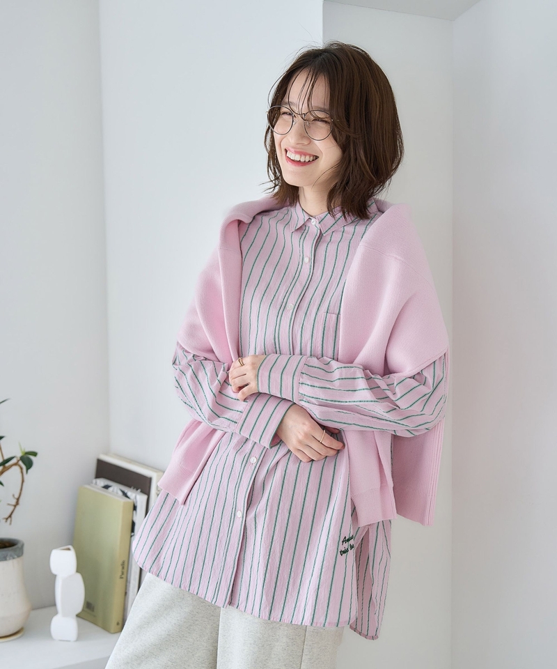 刺繡文字間條BIG襯衫