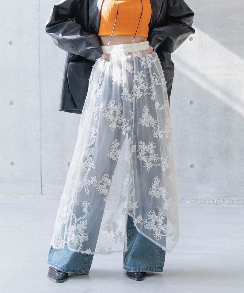 可拆刺繡花薄紗層不規則長裙