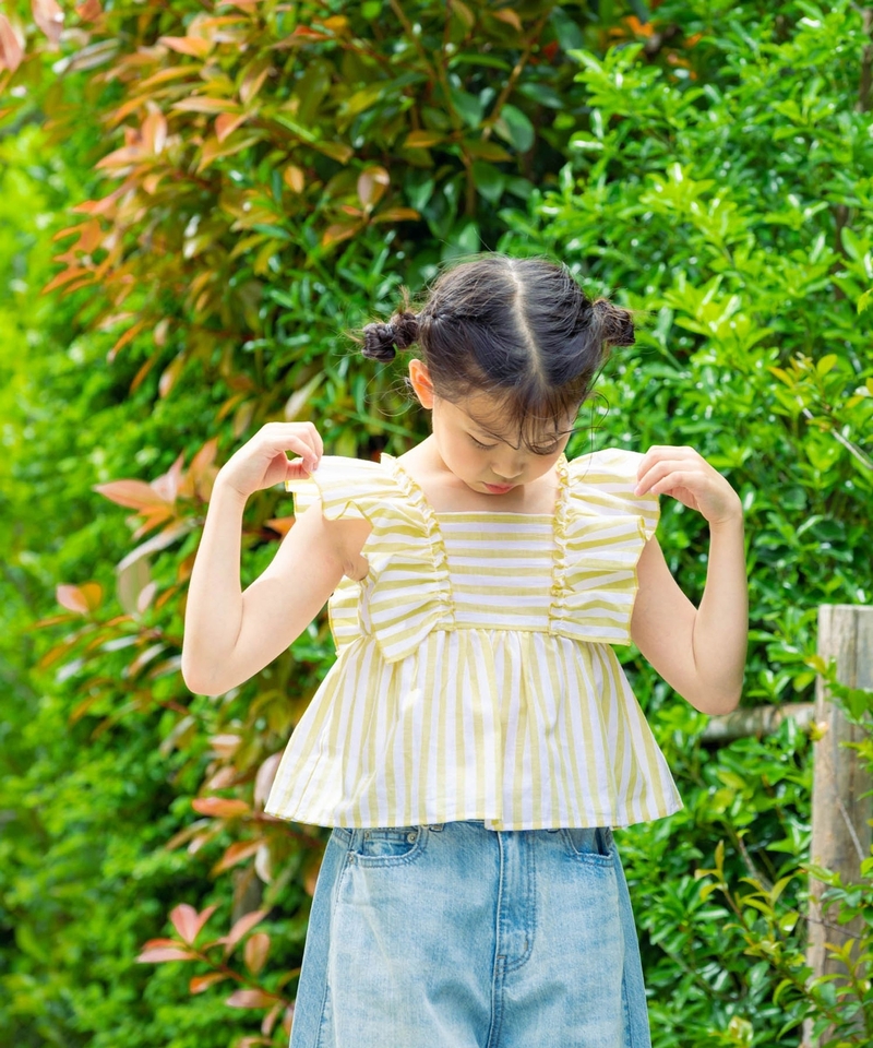 【KIDS】荷葉袖傘擺間條背心