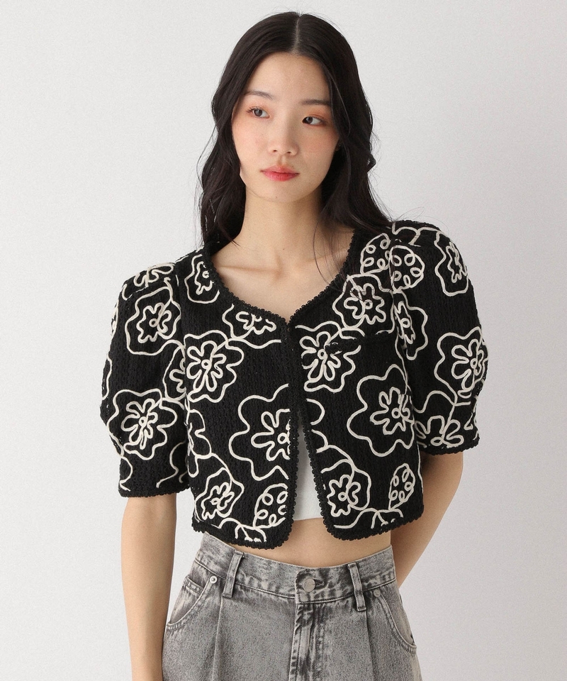 刺繡花花圖案開襟短版外套