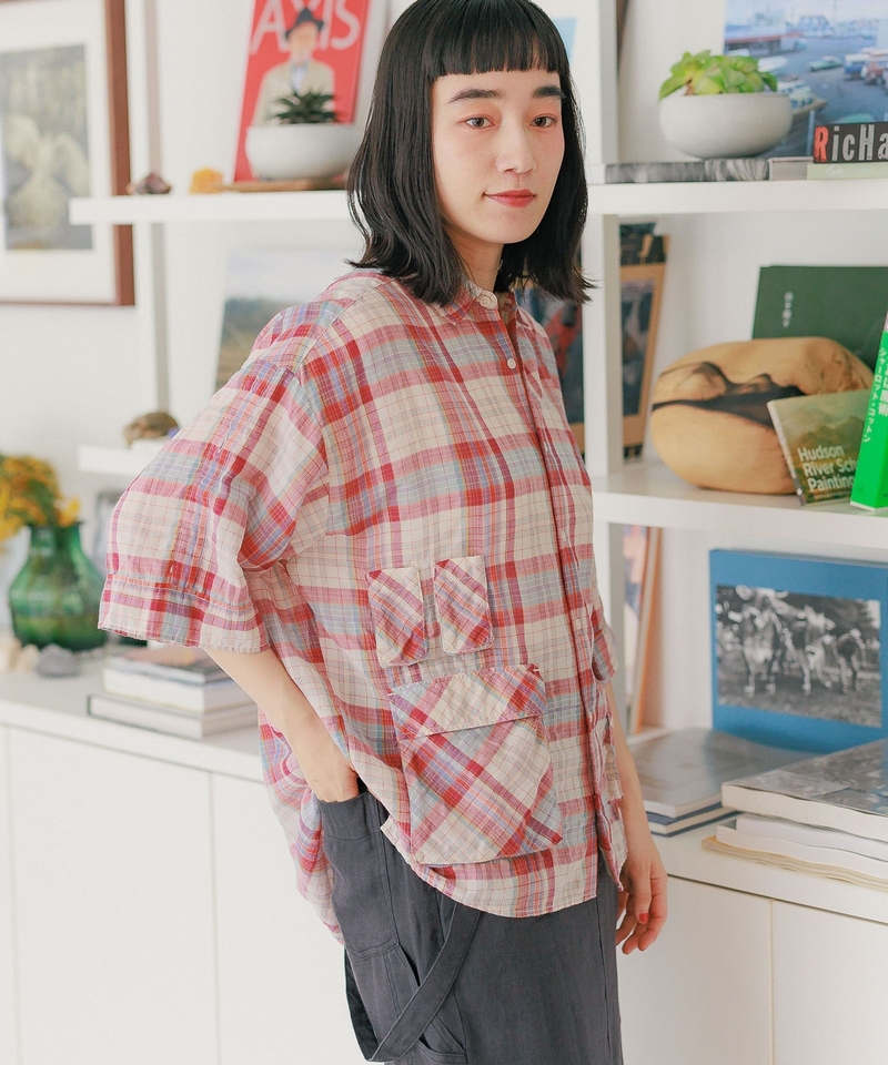混亞麻泡泡紗格仔襯衫