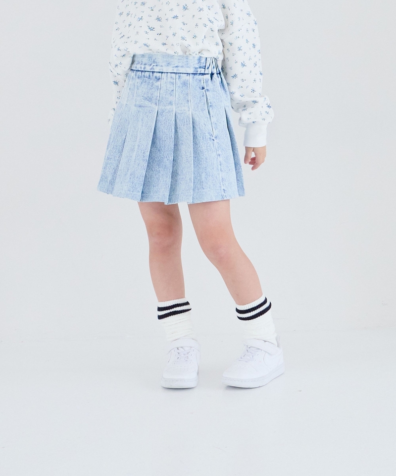【KIDS】洗水牛仔寬百褶短裙