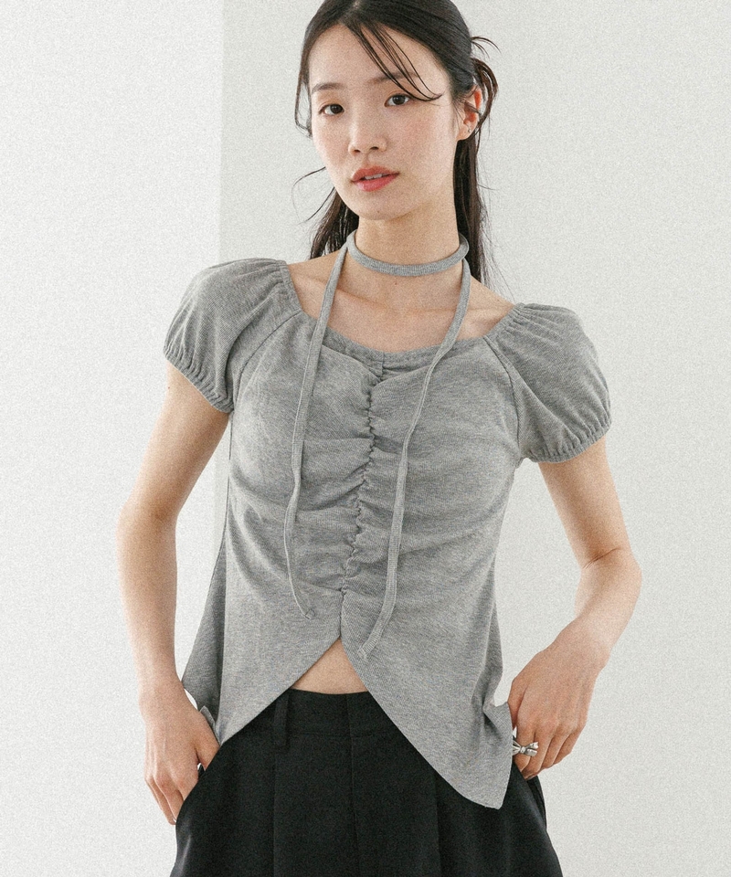 ▲網店優先發售▲2WAY領帶造型泡泡袖褶飾上衣