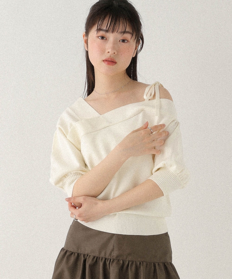 ▲網店優先發售▲單肩蝴蝶結綁帶泡泡袖針織上衣