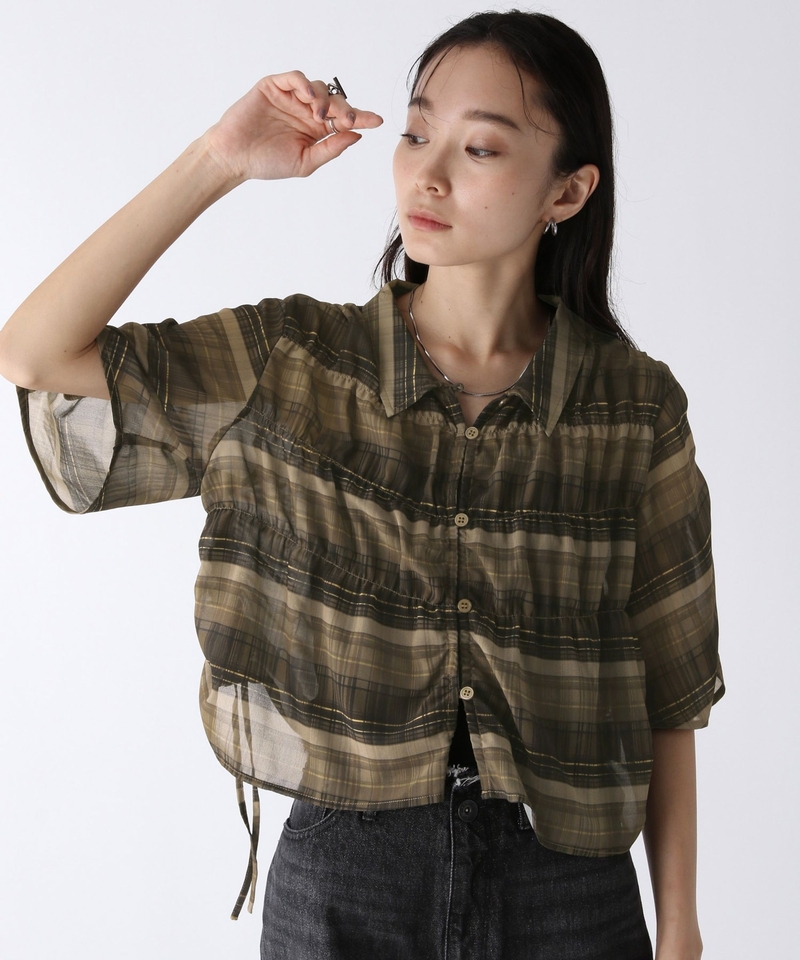 索繩縮褶透膚格仔/淨色恤衫