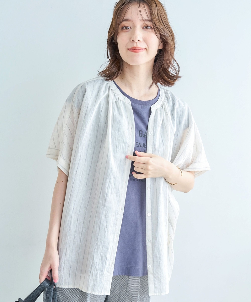 混亞麻間條半袖襯衫