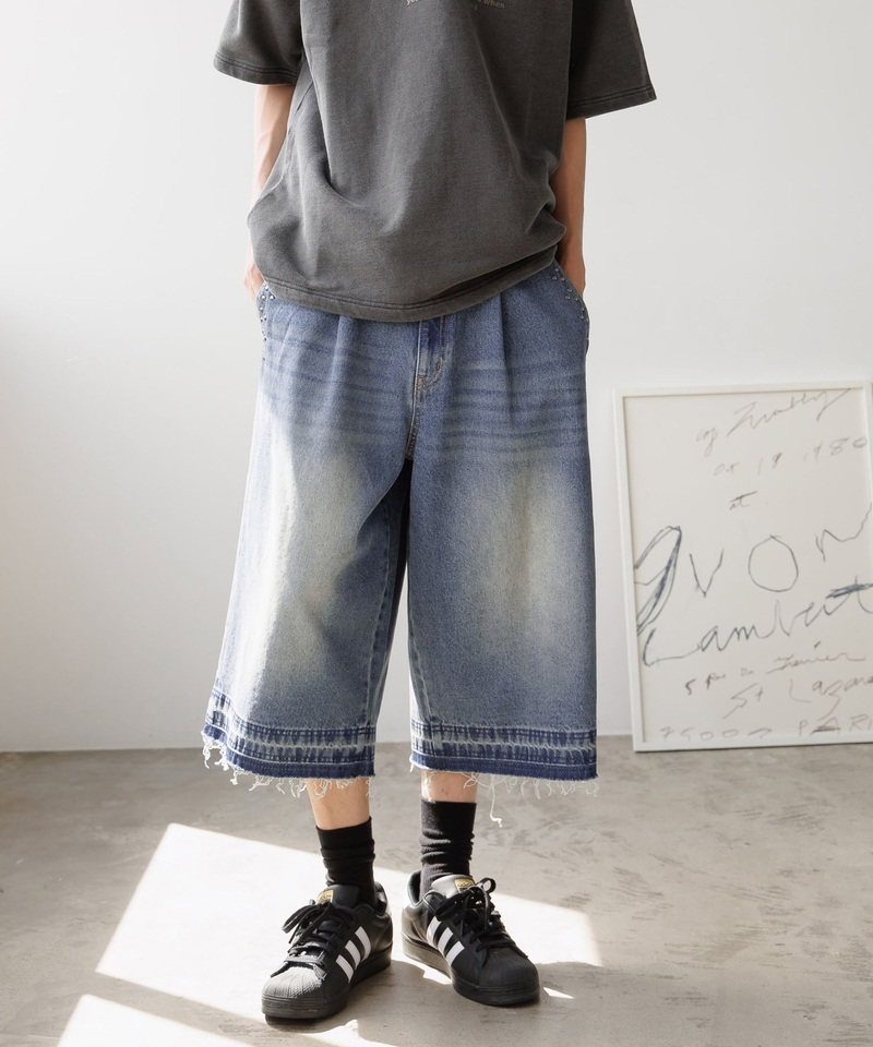【PBLIM UNISEX】柳釘流蘇牛仔過膝短褲